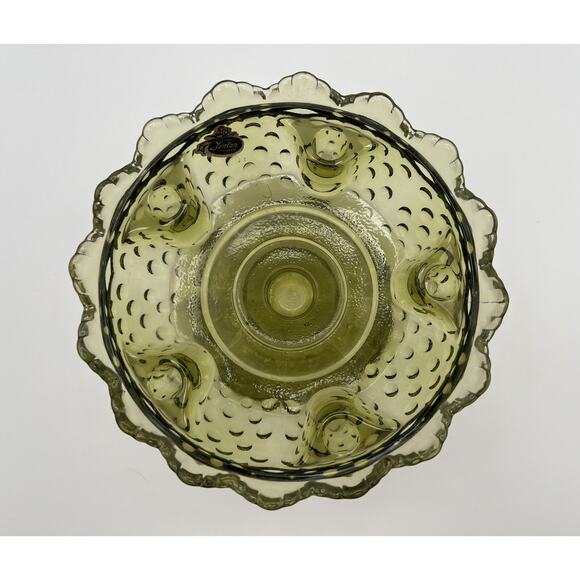 Fenton Colonial Green Glass Sawtooth Hobnail Pedestal 6 Candle Holder Vintage - Picture 4 of 9